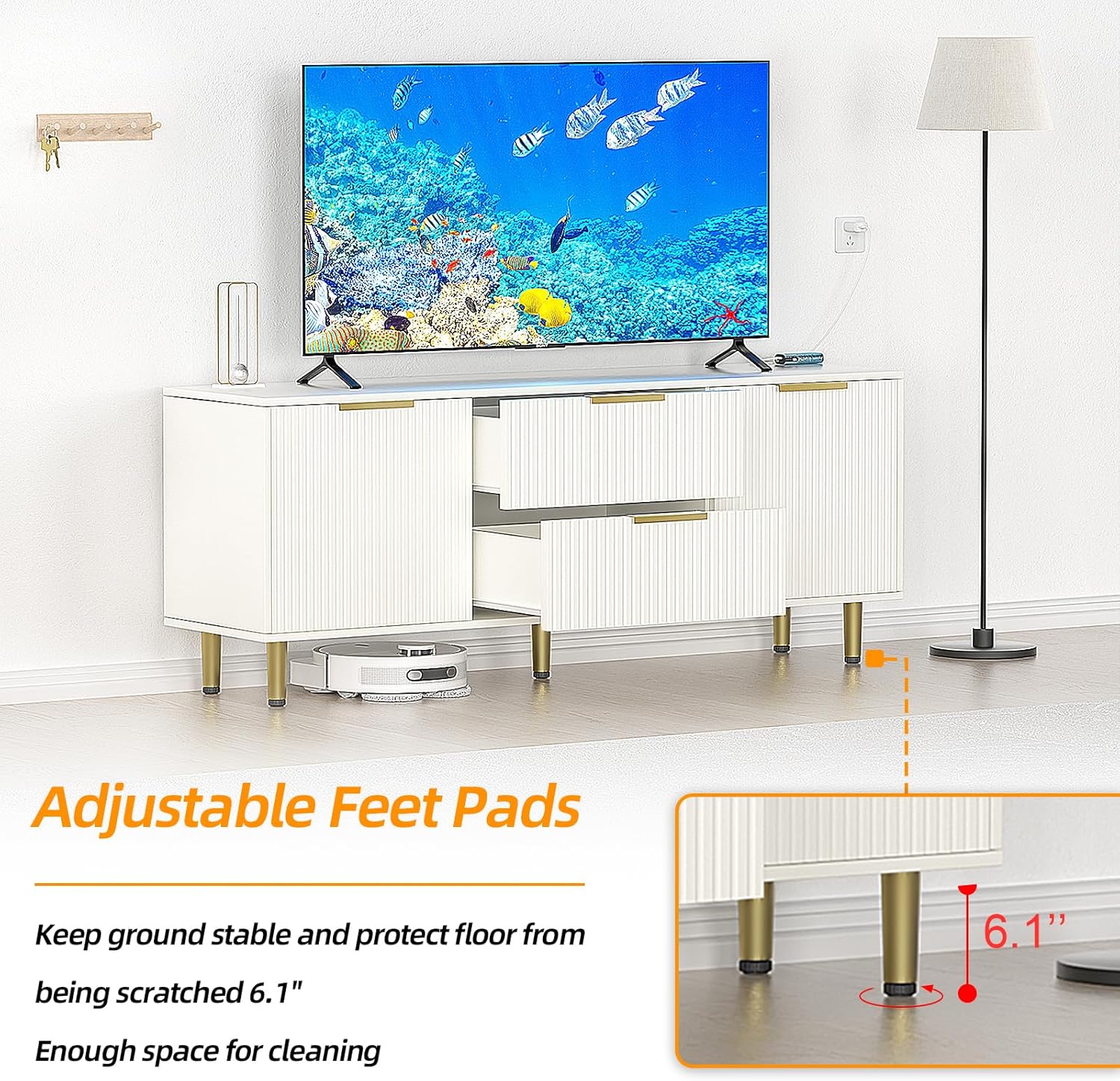 Furniwood Soporte de TV moderno de mediados de siglo para TV de más de 65 pulgadas, centro de entretenimiento con almacenamiento y 2 cajones