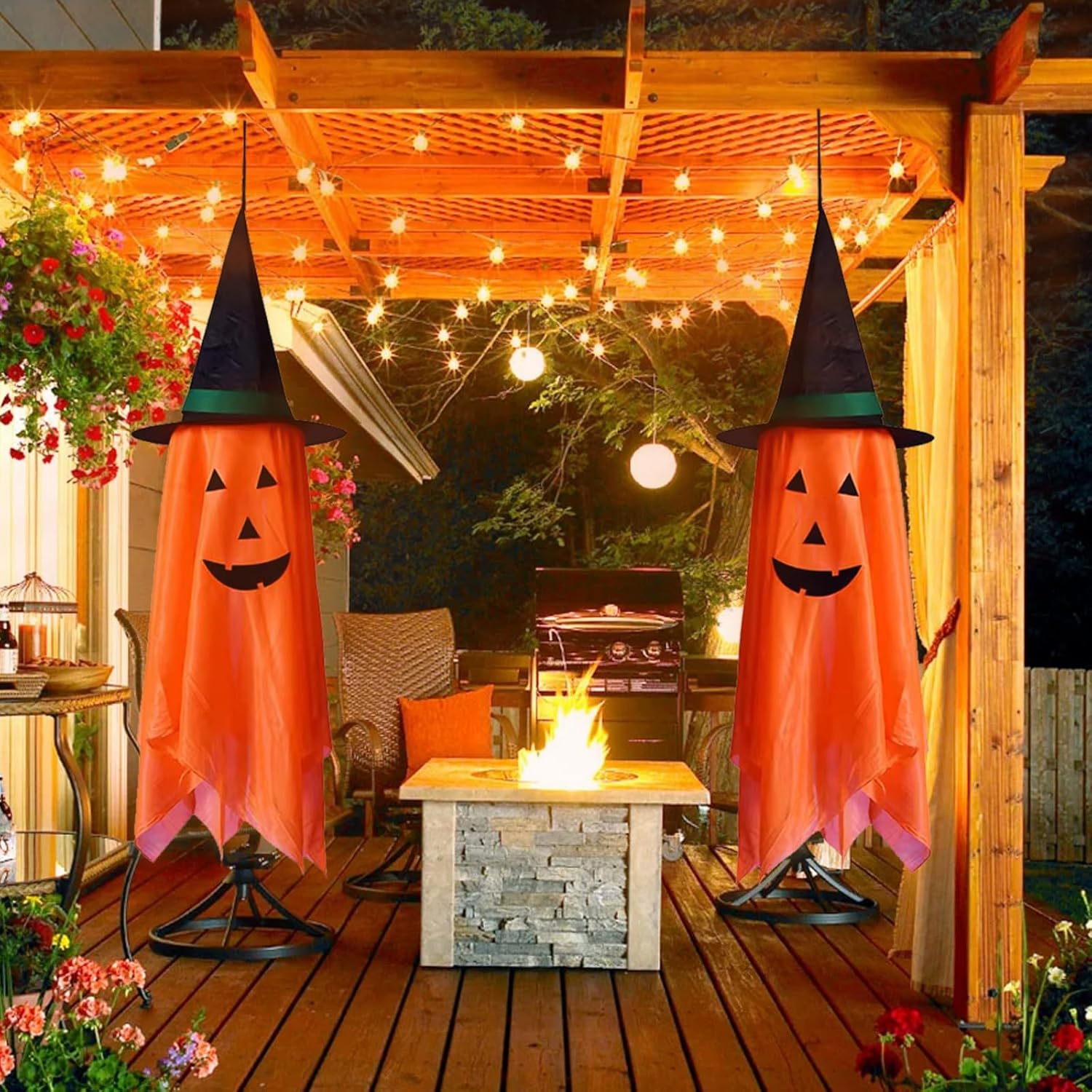 Decoraciones de Halloween para el hogar, paquete de 2 calabazas naranjas preinstaladas, sombrero de mago para decoración de otoño al aire libre,