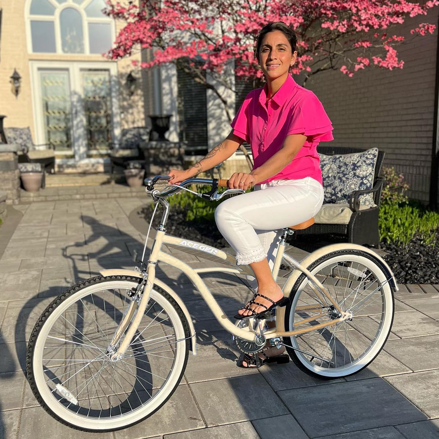 ACEGER Bicicleta de playa de 24 y 26 pulgadas para mujer, de una sola velocidad y 7 velocidades, bicicleta híbrida para adultos, marco de acero