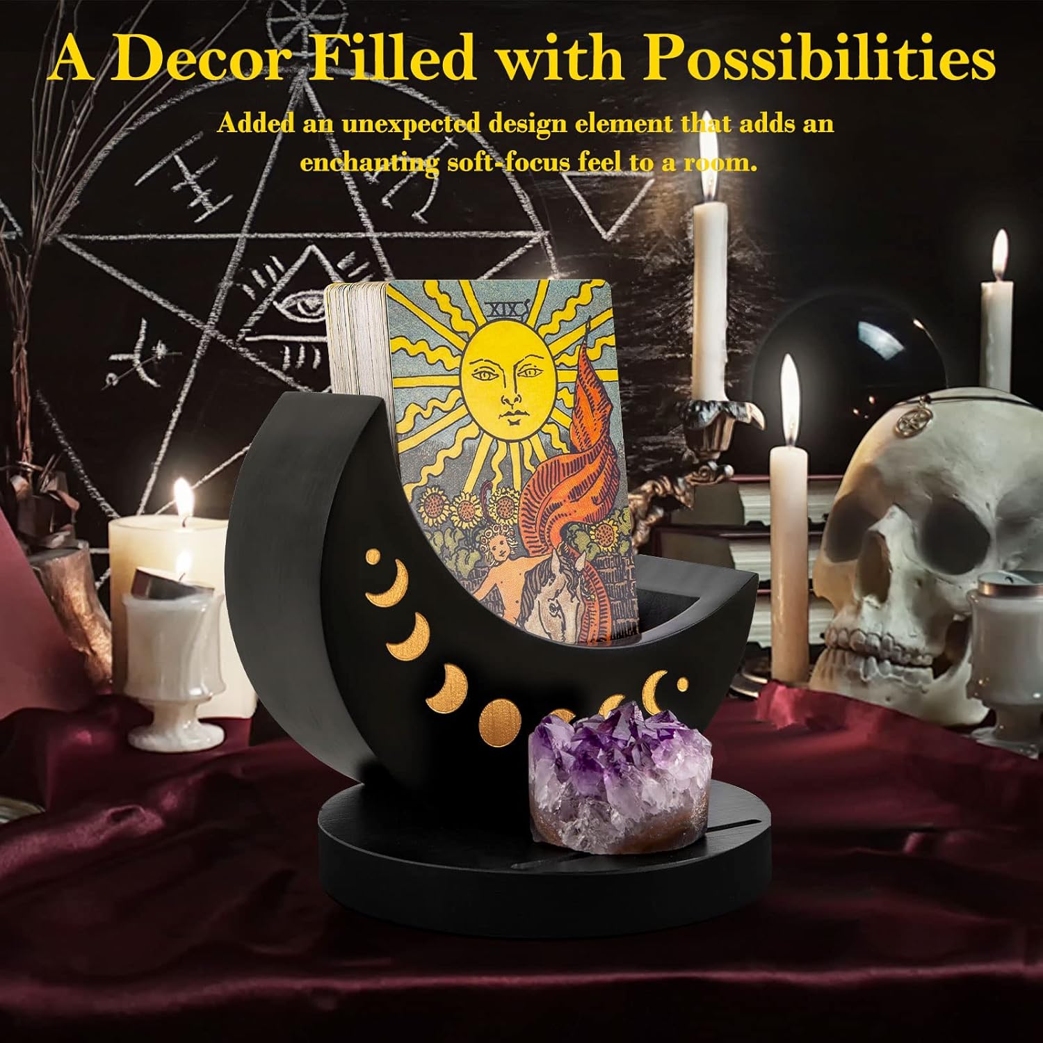 Ceiner Caja de exhibición de tarot con soporte para tarjetas, estuche de madera con soporte de fase lunar para almacenamiento de piedra de cristal,