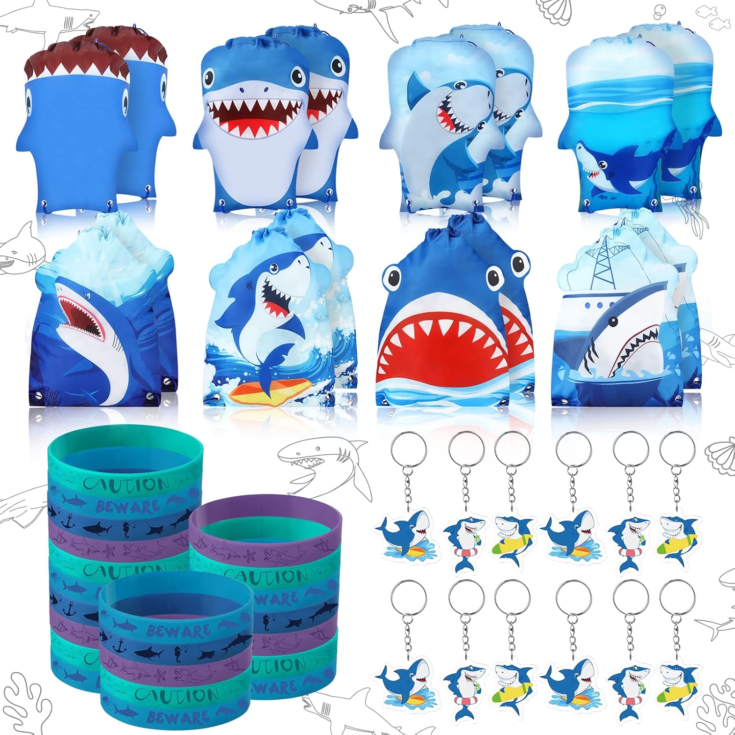 48 piezas de suministros de fiesta de tiburón, recuerdo de fiesta de piscina del océano azul para niños con 16 bolsas de cordón para fiesta de