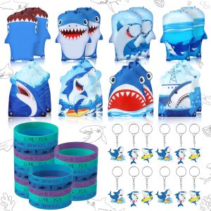 48 piezas de suministros de fiesta de tiburón, recuerdo de fiesta de piscina del océano azul para niños con 16 bolsas de cordón para fiesta de 48 piezas de suministros de fiesta de tiburón, recuerdo de fiesta de piscina del océano azul para niños con 16 bolsas de cordón para fiesta de