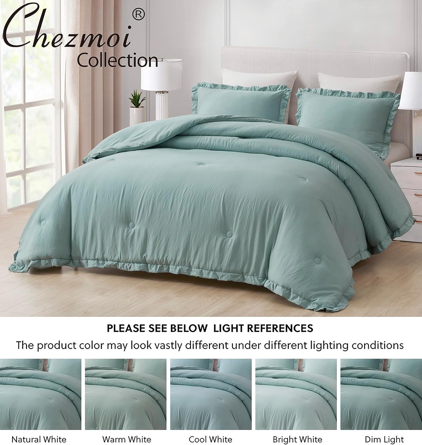 Chezmoi Collection Nora Aqua – Juego de edredón tamaño Queen de 3 piezas, ligero, esponjoso, suave, ligero, con borde con volantes, juego de edredón