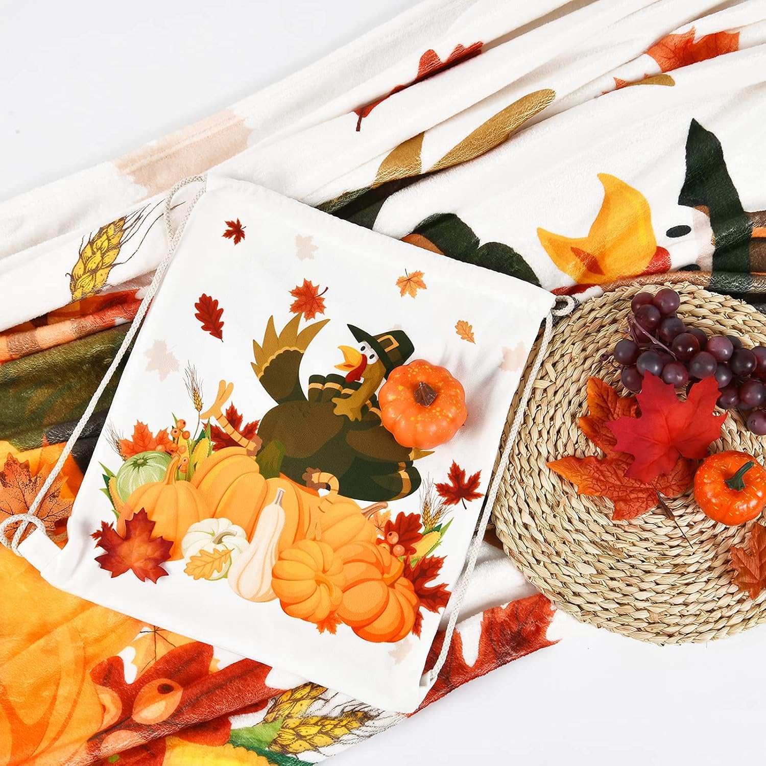 Manta de Acción de Gracias con bolsa de regalo, bonita manta de pavo de otoño para adultos, suave y cómoda manta de vellón de calabazas para sofá