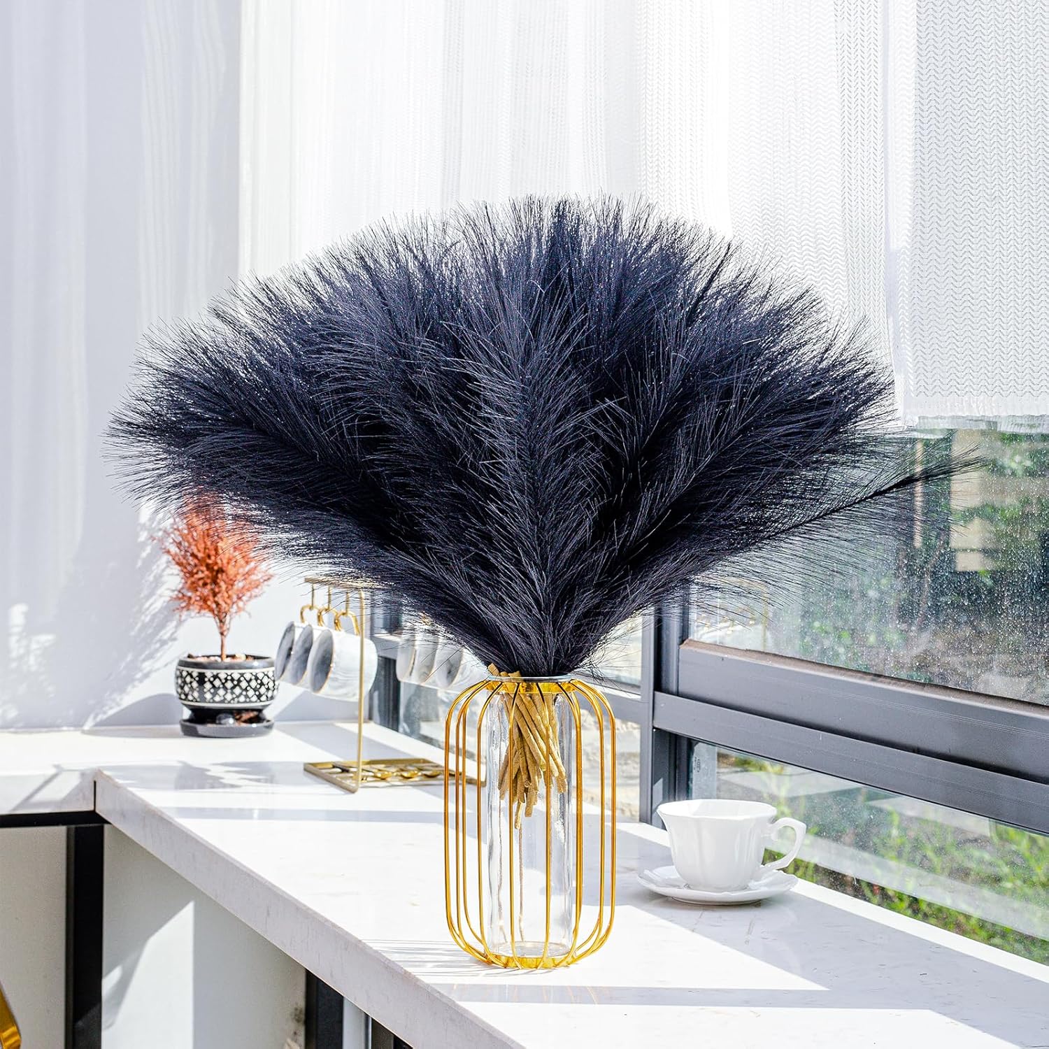Decoración de hierba de pampa sintética negra y azul, hierba artificial de pampa, pequeña hierba de pampa, arreglo floral de pompas esponjosas