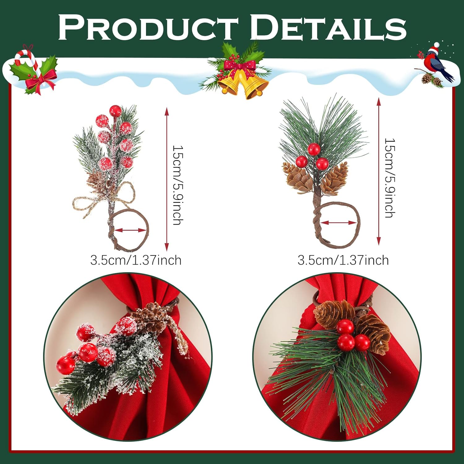 Sliner Juego de 24 servilletas y anillos de Navidad, 12 servilletas de Navidad lavables de color rojo y 12 servilleteros de Navidad para cenas