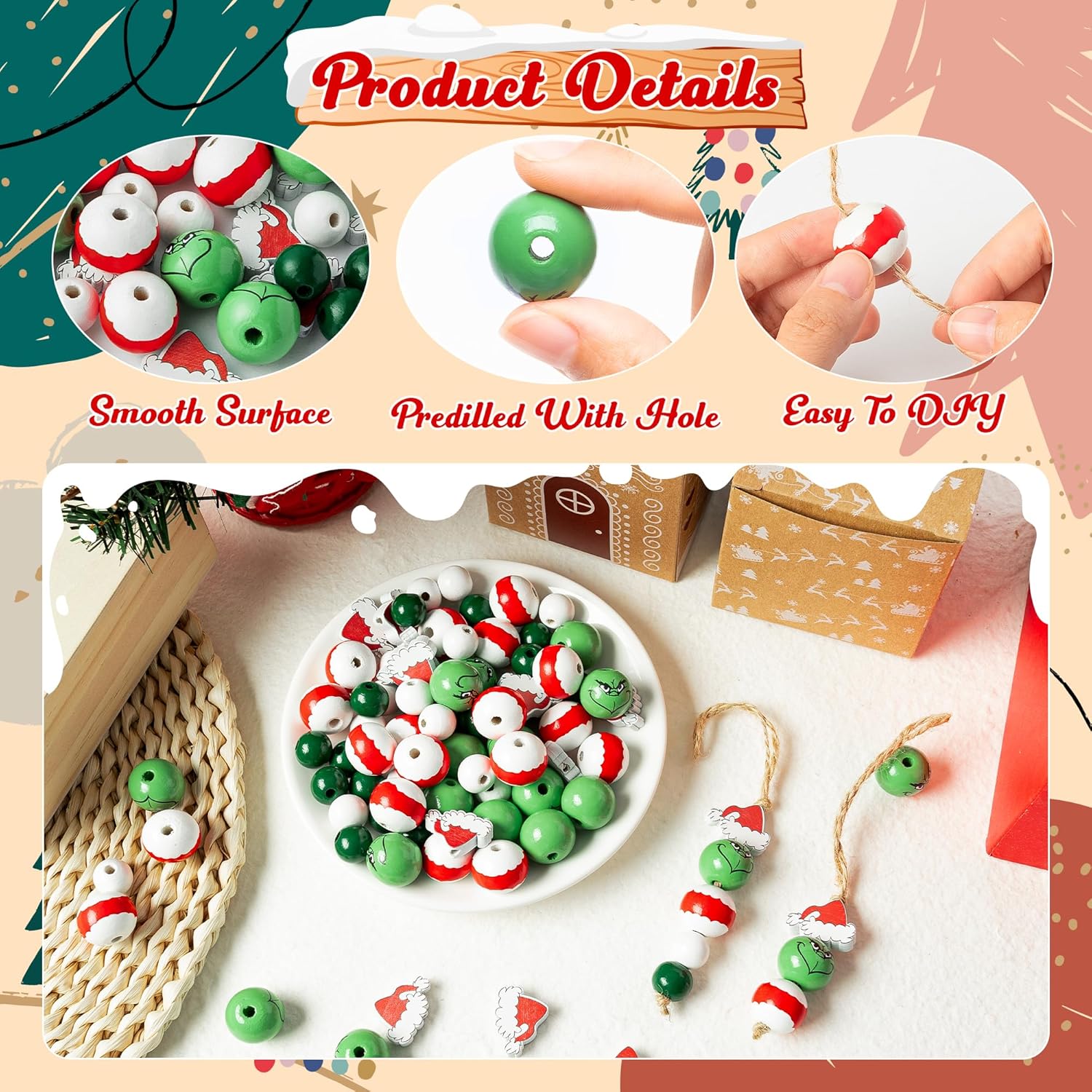 Eartim 121 cuentas de madera de Navidad, rojo y verde, sombrero de Papá Noel, cuentas redondas rústicas de madera de granja con cordel de 65.6 pies,