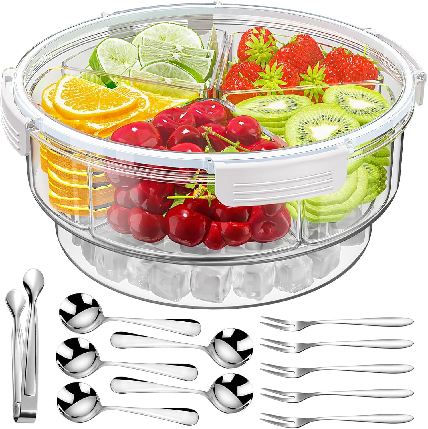 Bandeja de condimentos con 5 cucharas de acero inoxidable, 5 tenedores y 1 clip, bandeja de compartimento con tapa, servidor de condimentos, soporte