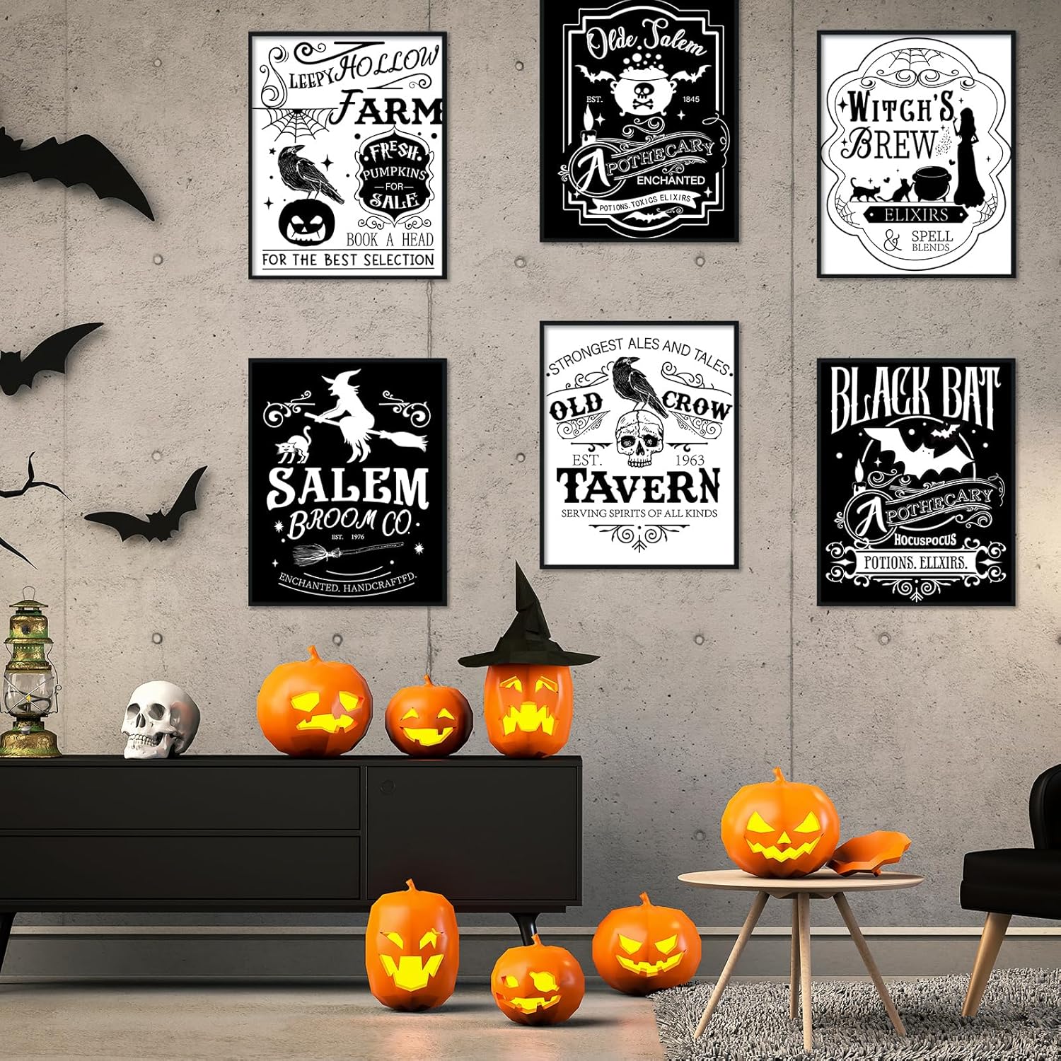 AnyDesign – 9 piezas de arte de pared de bruja de Halloween, diseño de esqueleto de gato blanco y negro, diseño de arte de palabra, decoración de