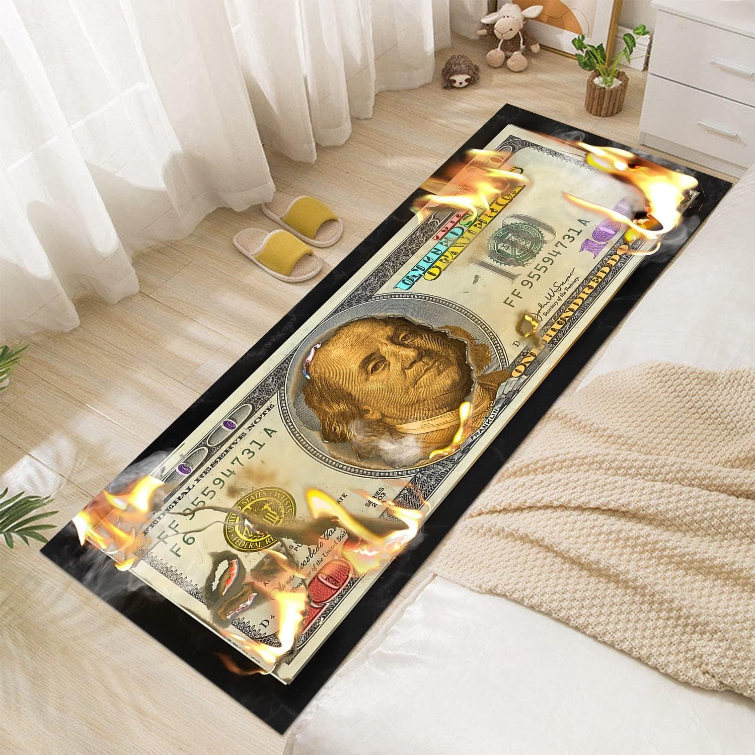 Burning Money – Alfombra decorativa de billetes de 100 dólares, alfombra decorativa creativa para cuarto de servicio, alfombras decorativas para