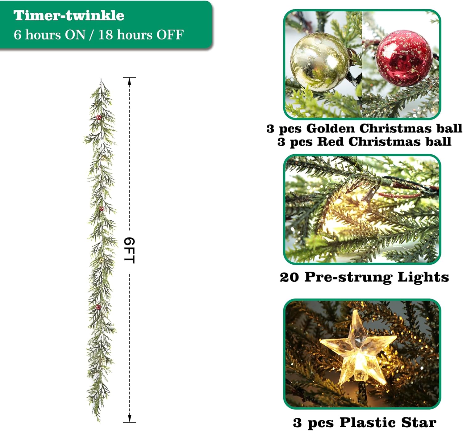 Guirnalda de Navidad artificial de 6 pies, guirnalda de abeto sintético de hoja perenne con 20 luces LED, adornos de bolas de oro rojo y estrellas,