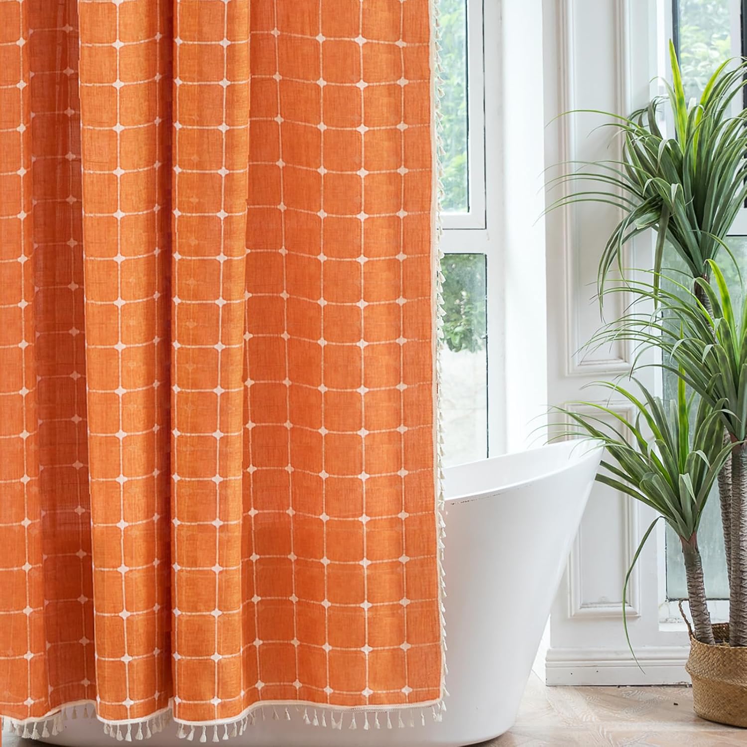 Cortina de ducha bohemia de tela de lino naranja para baño, resistente, cuadrada, bordada, borla, moderna, juego de cortina de ducha impermeable, 72