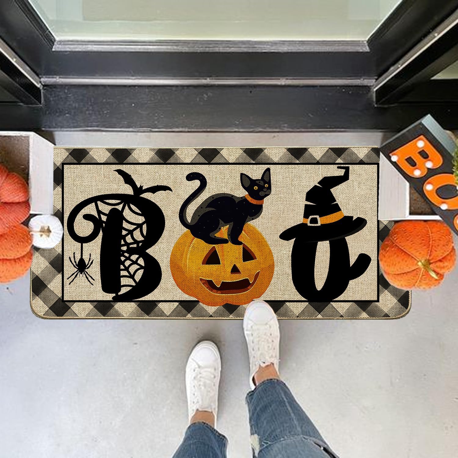 Baccessor Tapete de Halloween para interiores y exteriores, tapete de bienvenida antideslizante para puerta delantera, gato, calabaza, murciélagos,