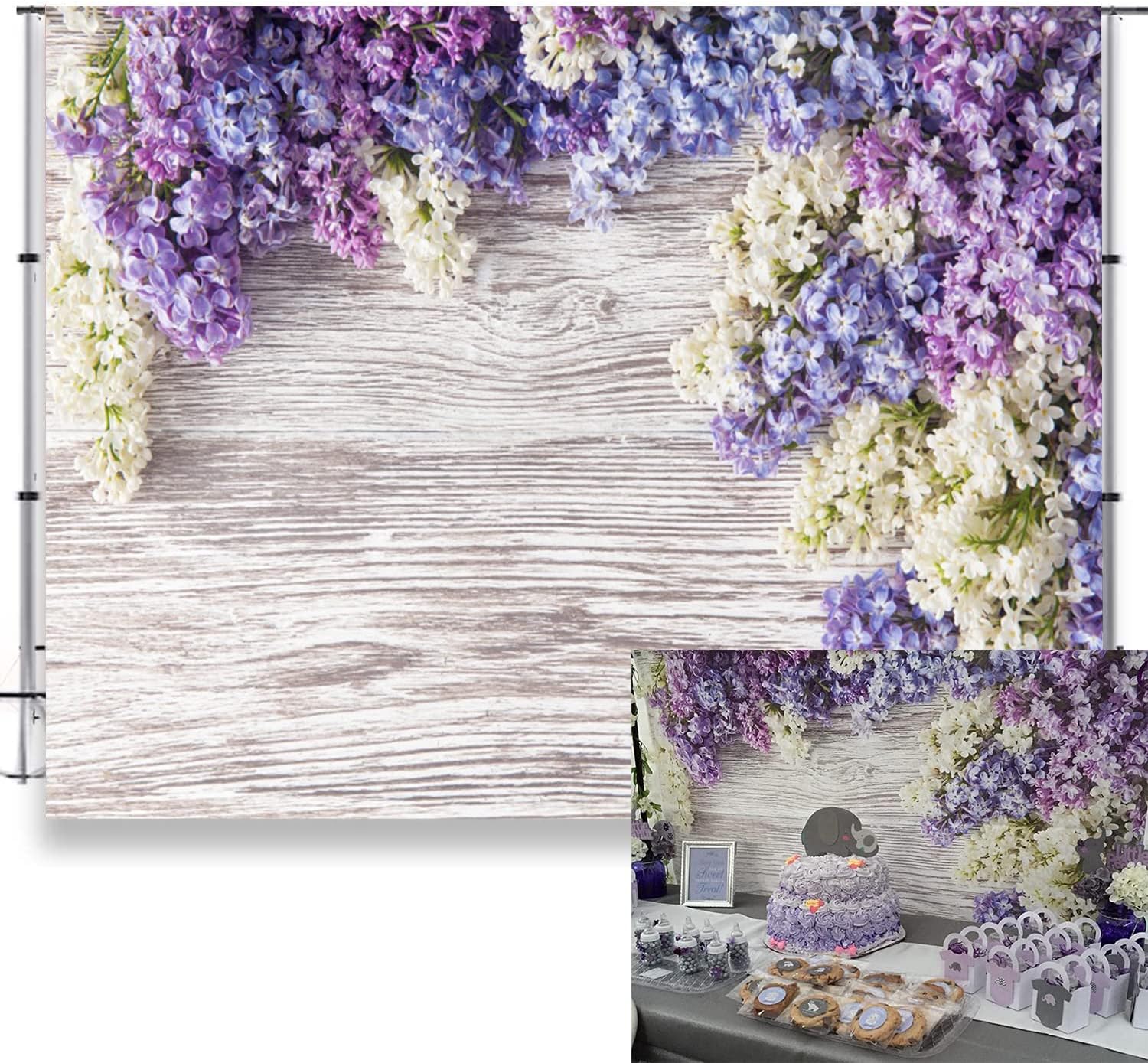 Telón de fondo de madera para bebé recién nacido de 5 x 3 pies, flores moradas lilas, ramo de flores, pared de madera, para niñas y adultos, retrato