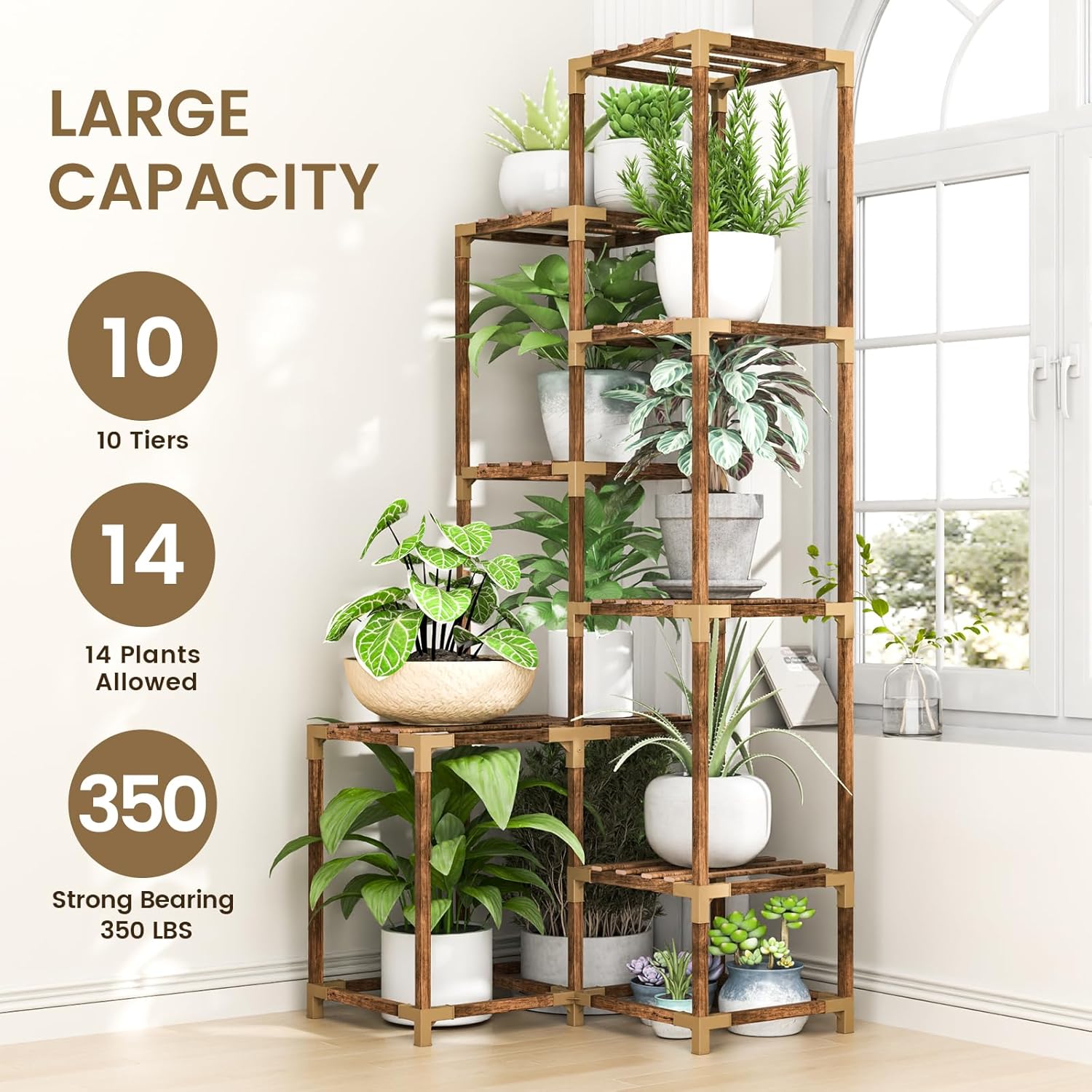 HOMKIRT Estante de esquina de 10 niveles alto para plantas para interiores y exteriores, soporte grande de madera para plantas, soporte para