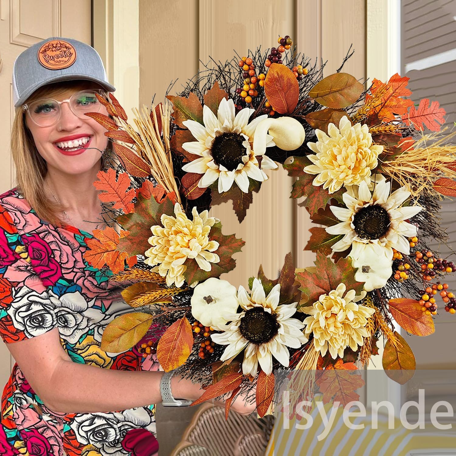 Coronas de otoño, hojas de arce, calabaza, girasol, corona de girasol, cosecha de Acción de Gracias, Halloween, hogar, exterior, ventana, decoración