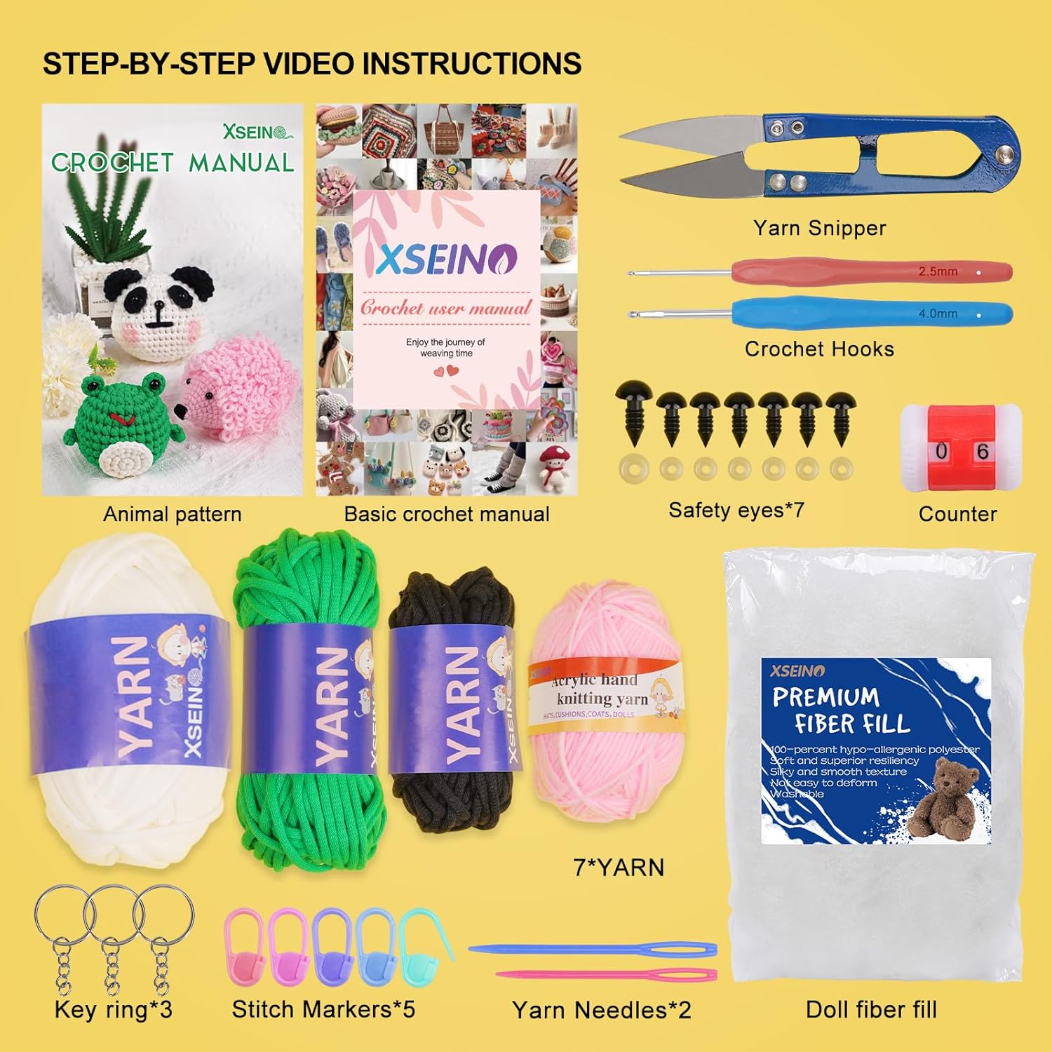 XSEINO Kit de ganchillo para principiantes – Kit de inicio de ganchillo con tutoriales en video paso a paso – Kits de aprendizaje de ganchillo para