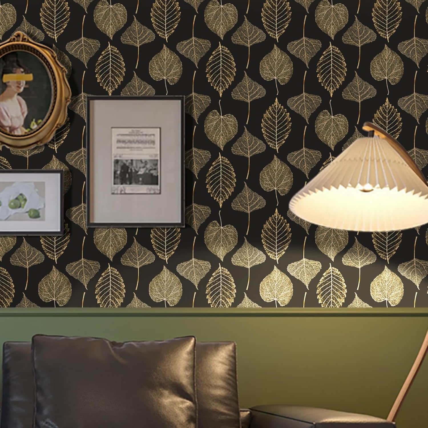 Ismoon Papel tapiz autoadhesivo con textura de hojas, color negro y dorado, autoadhesivo, extraíble, de vinilo grueso, impermeable, apto para