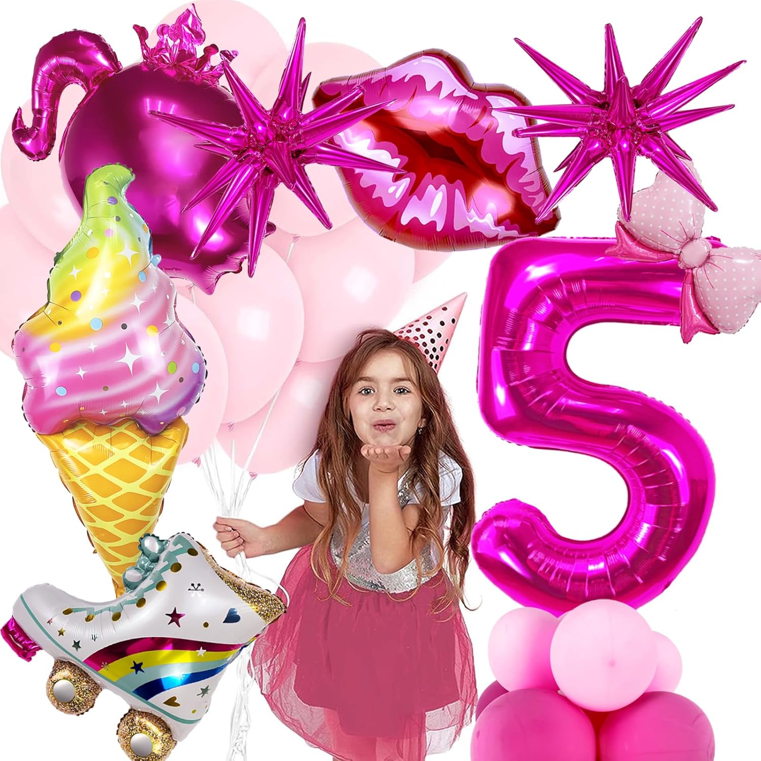 Juego de 20 globos de Mylar de color rosa intenso para decoración de cumpleaños de niña de 5 años