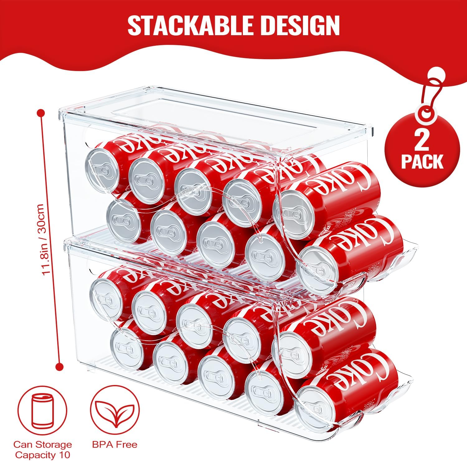 Paquete de 2 organizadores apilables para refrigerador, dispensador de latas de refrescos, contenedor de bebidas con tapa para refrigerador,
