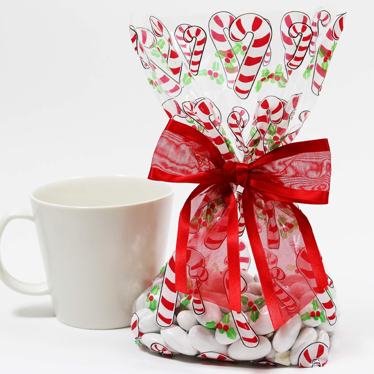 Saybrook Products Candy Canes Christmas Holiday Cellophane Treat Party Favor Bags with Twist-Tie Organza Bow. Set of 10 Ready-to-Use, Gussetted