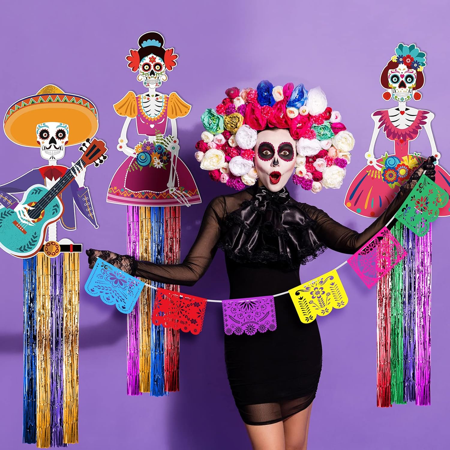 TaoBary Juego de 15 decoraciones del Día de los Muertos de 34 pulgadas, decoración colgante de calavera de azúcar de 16.4 pies, pancartas de papel
