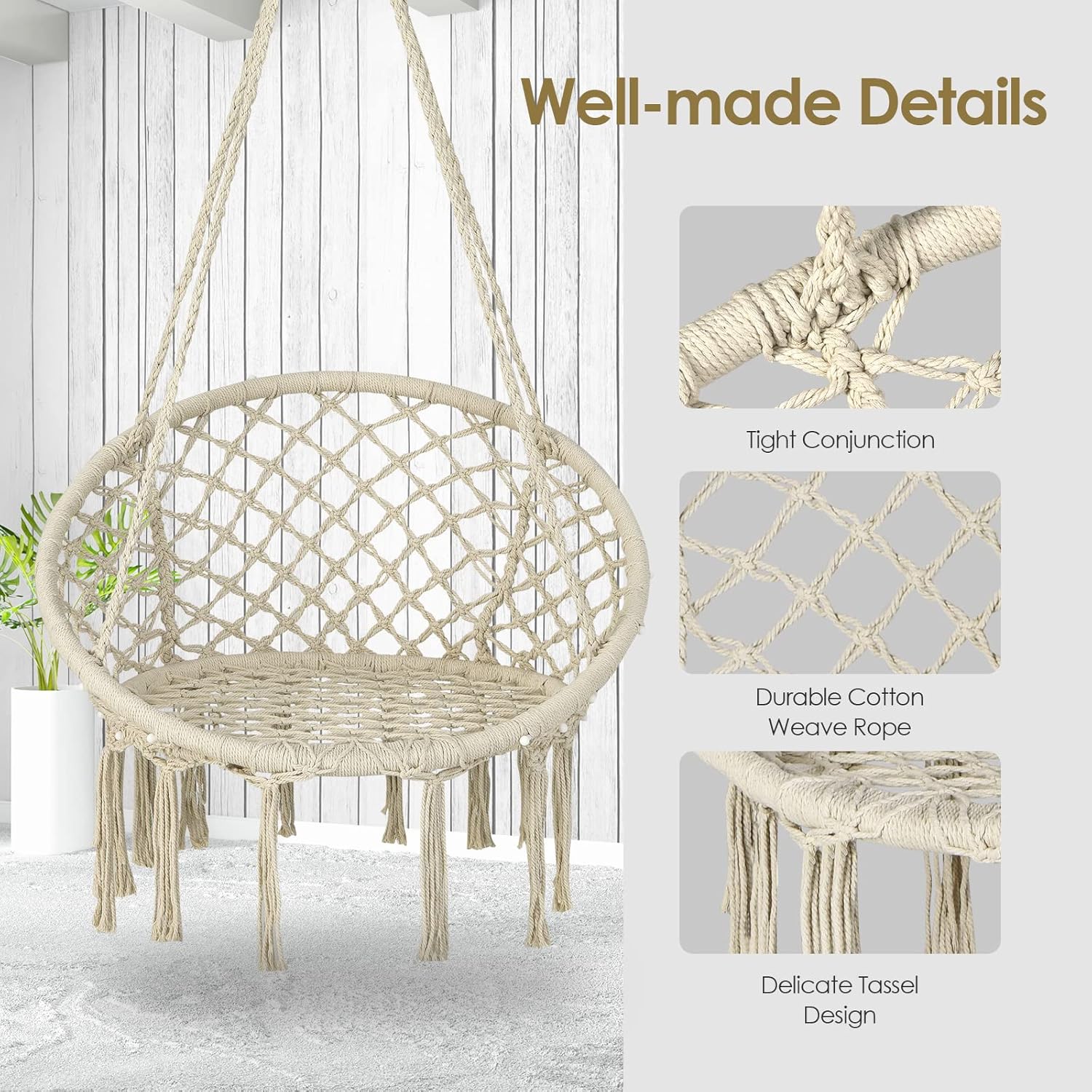 Tangkula Silla hamaca con luces, columpio de macramé con borlas, cuerda de algodón tejida a mano, estilo bohemio para interiores y exteriores, silla