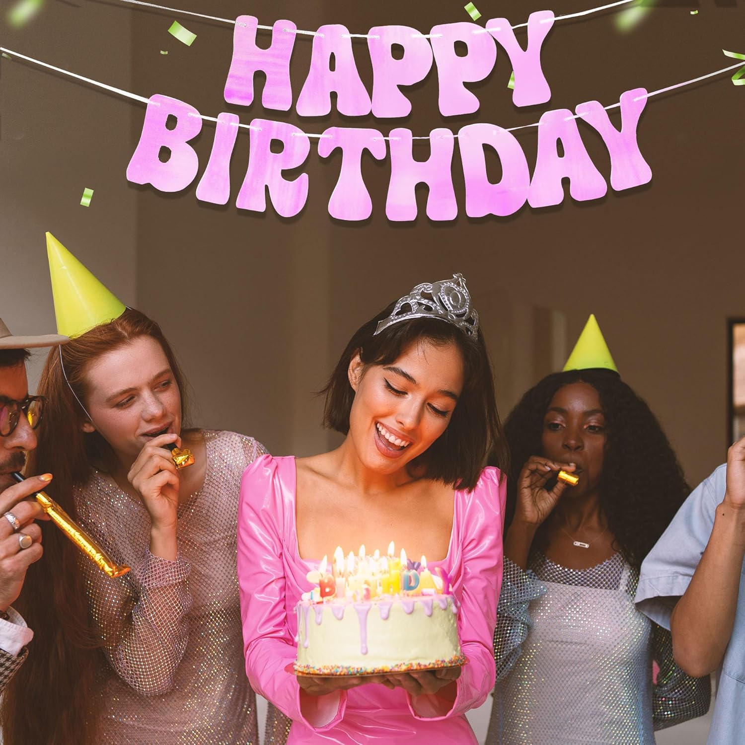 HOUSE OF PARTY Cartel de feliz cumpleaños  Cartel de letras de feliz cumpleaños iridiscentes de color rosa iridiscente de 6 pies  Fondo colgante de