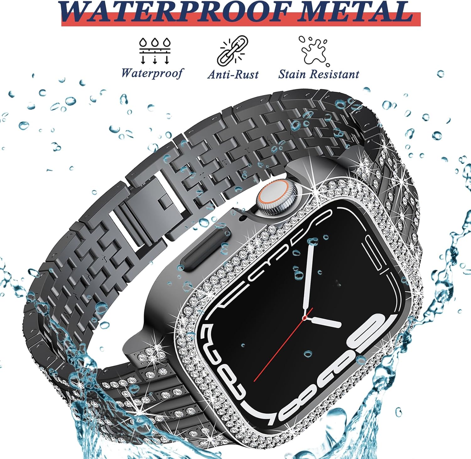 NINKI Correa de metal compatible con Apple Watch Series 8 Series 7 de 1.614 pulgadas con funda (sin protector de pantalla), correa de acero