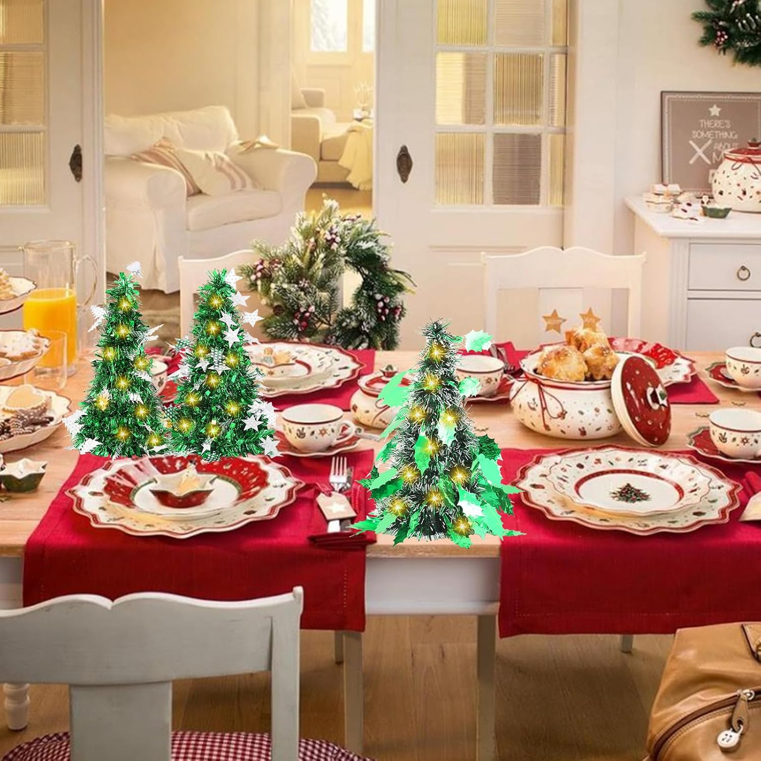 Mini árbol de Navidad, árbol de Navidad de oropel artificial con luces, árbol de Navidad de mesa, funciona con pilas, pequeño árbol de Navidad para