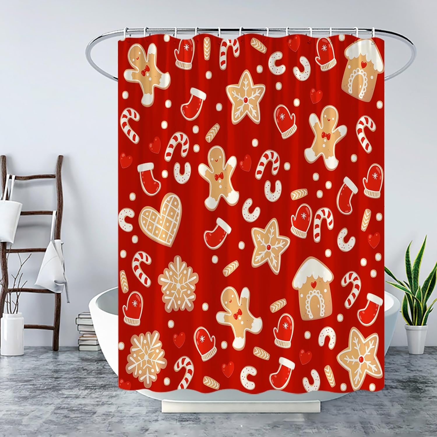 Cortina de ducha de pan de jengibre de Navidad, diseño de galletas, lindo hombre de jengibre, copo de nieve, vacaciones de invierno, feliz año