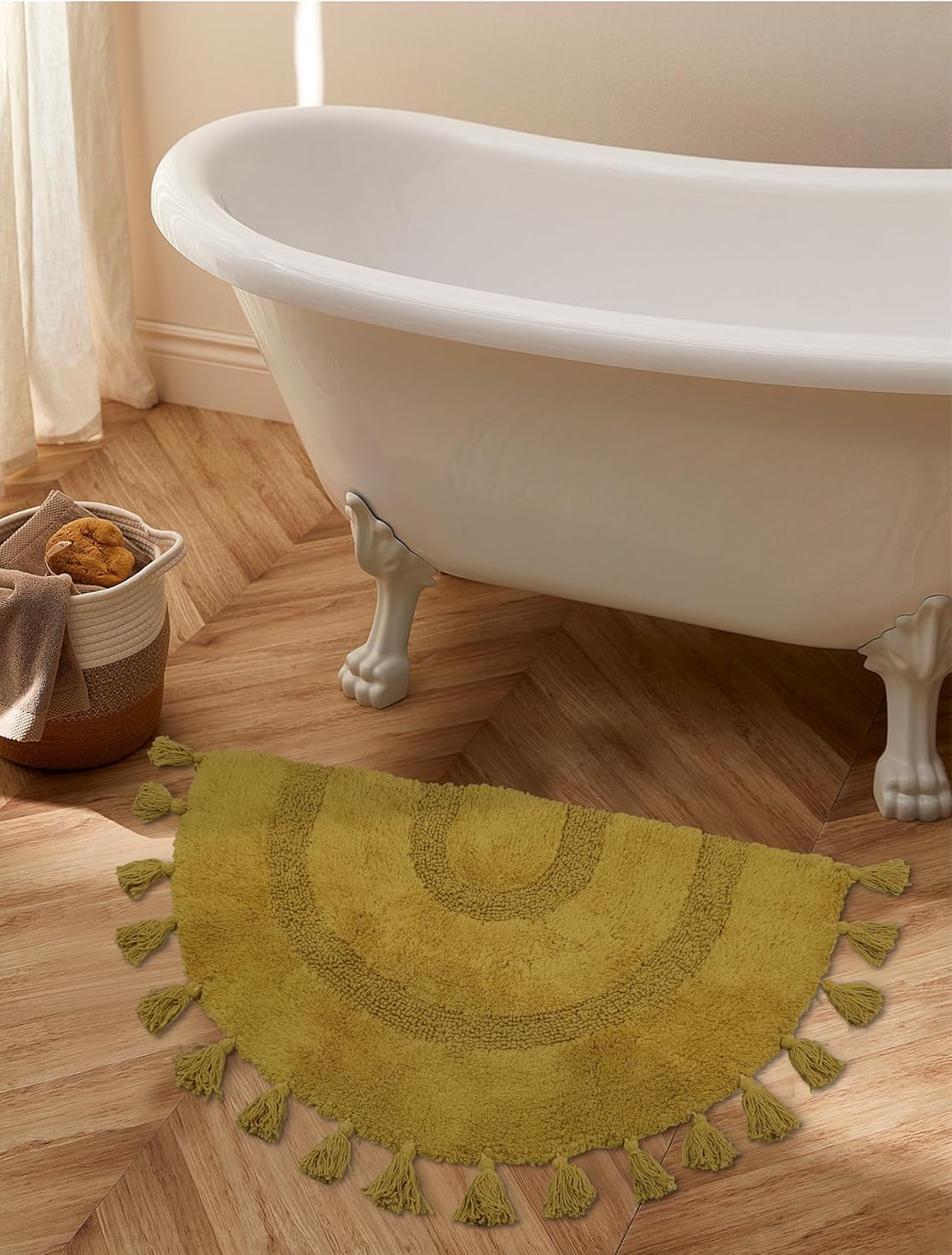 Alfombra de baño bohemia de medio círculo con borlas, 100 % algodón, tejida a mano, antideslizante, absorbente, con almohadilla para alfombra,
