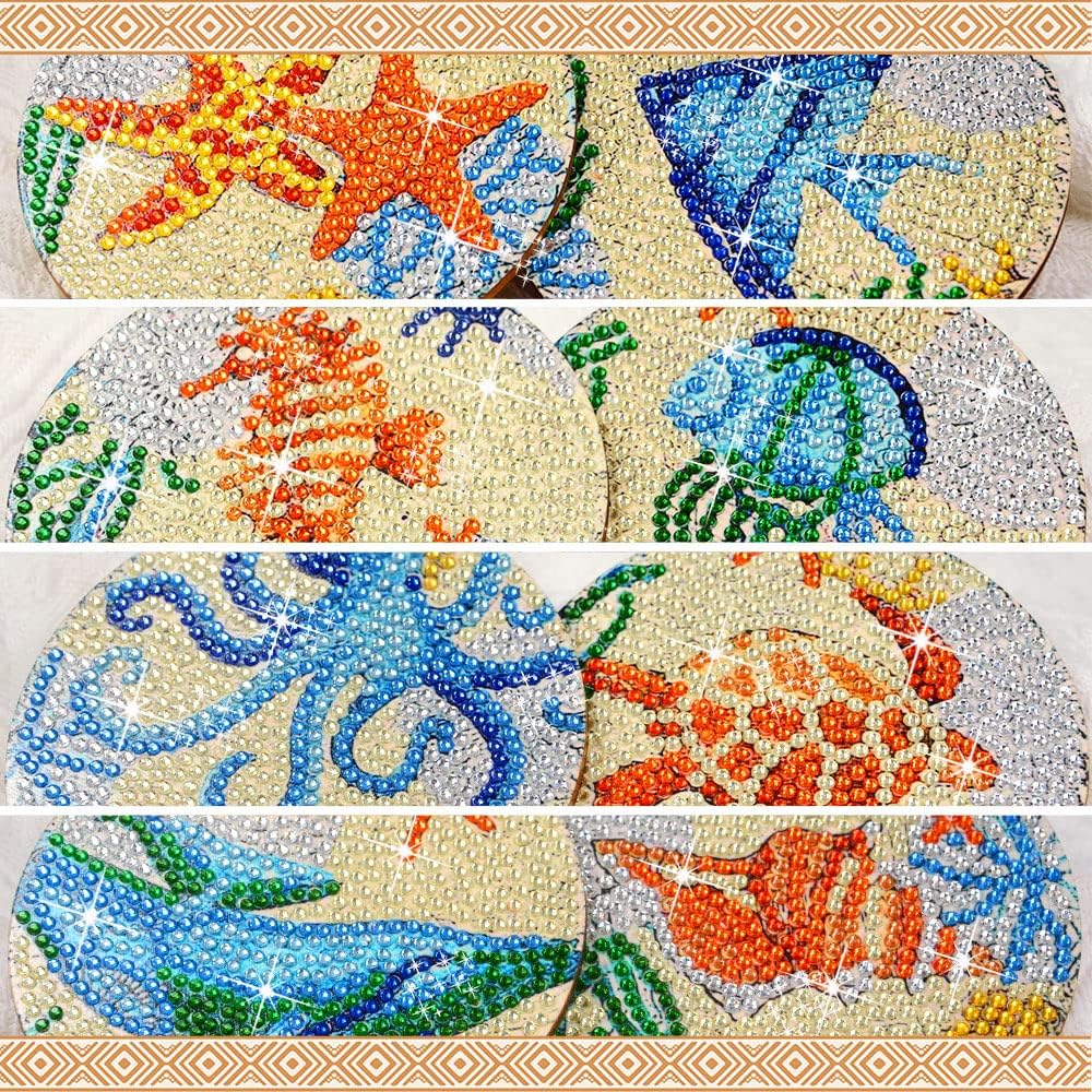 Juego de 8 posavasos de pintura de diamantes con soporte de base de corcho, tema de playa, playa, mar, vida costera, kit de pintura de diamantes