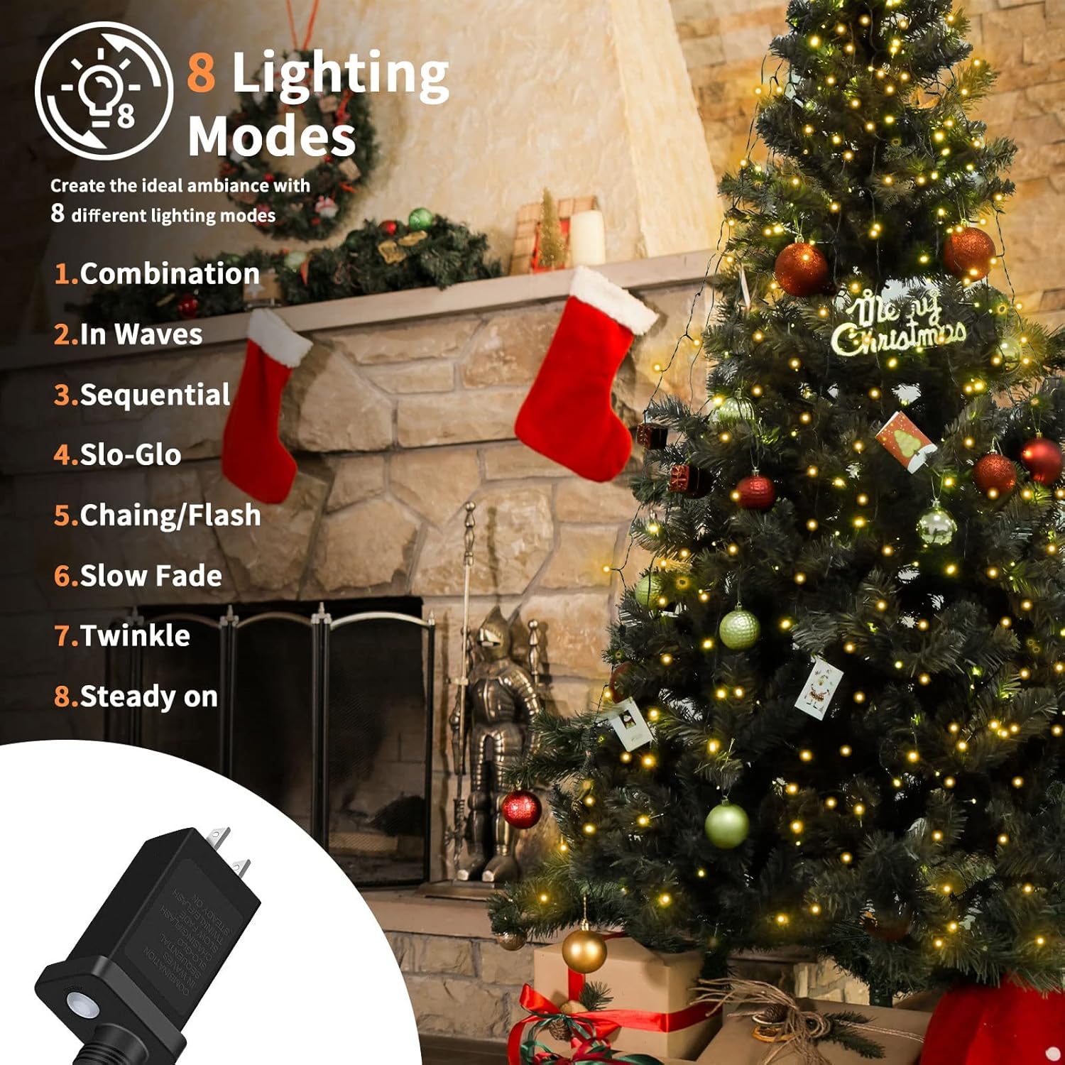 BOLWEO Luces de árbol de Navidad, 592 luces LED de 16 líneas de luces de Navidad para árbol, 8 modos para árbol de Navidad de 8 a 10 pies,