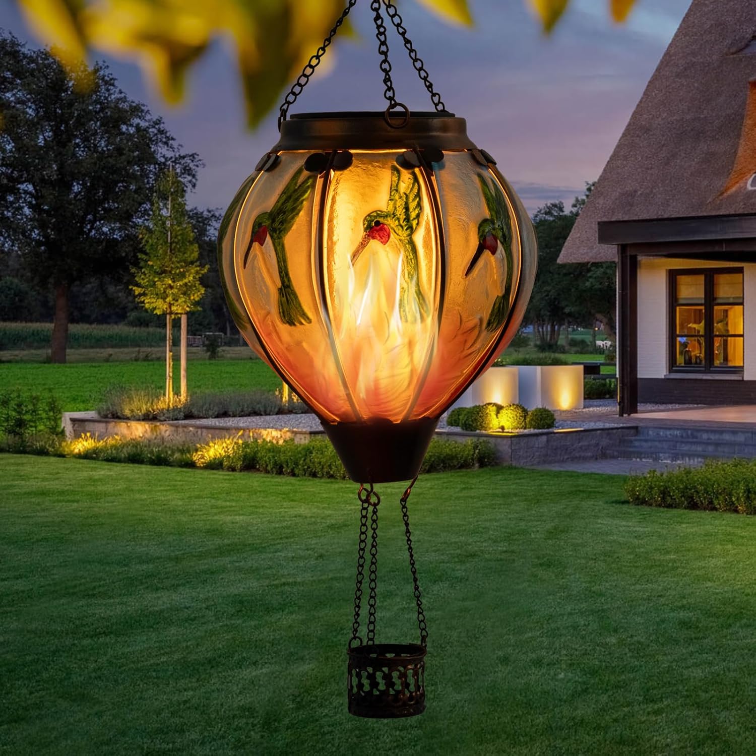 Linterna solar de globo de aire caliente, luces de colibrí, llama parpadeante, luces colgantes solares para exteriores, faroles solares impermeables
