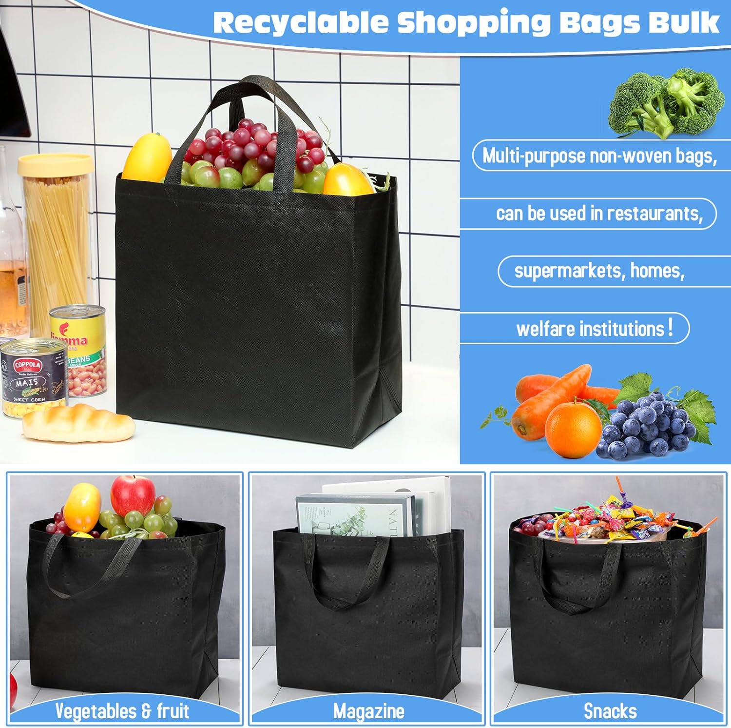 200 bolsas de comestibles reutilizables de 12.6 x 11.8 x 6.3 pulgadas, grandes bolsas de compras no tejidas plegables y portátiles a granel