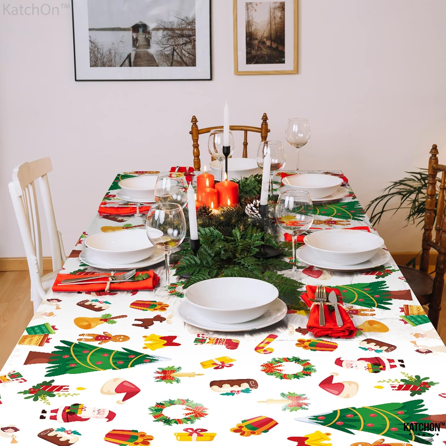 KatchOn, XtraLarge – Mantel de plástico con texto en inglés Happy Holiday  3 piezas, 108 x 54 pulgadas, mantel desechable de Navidad para decoración