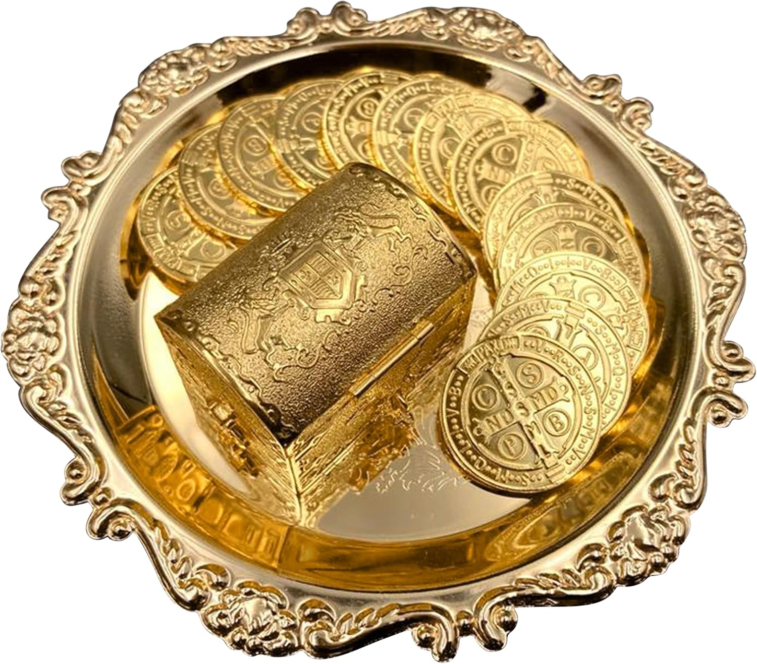 EHV Monedas de unidad de boda de Arras para Boda bañadas en oro con bandeja y caja del tesoro, ceremonia clásica de Arras Matrimoniales, hermoso set