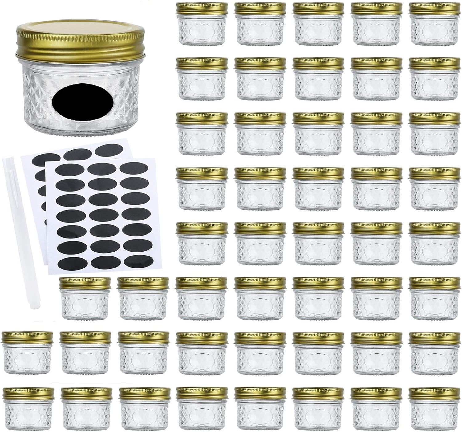Encheng Tarros de vidrio de 4 onzas con tapas regulares, mini tarros de boca ancha, tarros pequeños transparentes con tapas doradas, tarros de