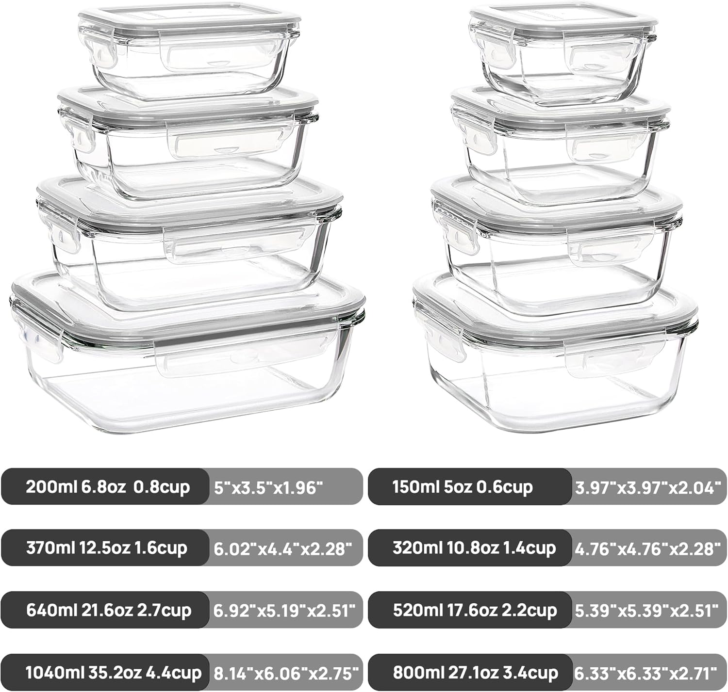 Vtopmart Paquete de 8 recipientes de vidrio para almacenamiento de alimentos con tapas herméticas, recipientes de vidrio para preparación de