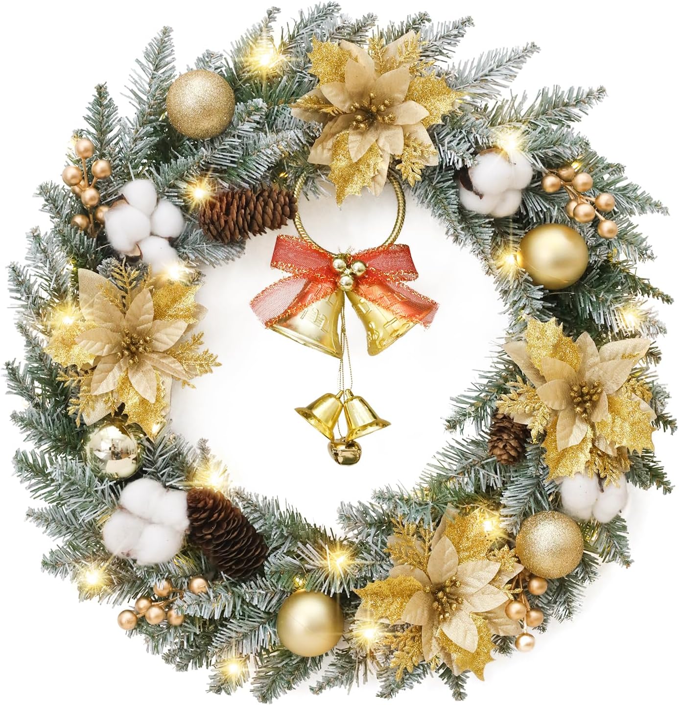 Corona de Navidad para puerta delantera, corona de puerta de Navidad para decoración de ventana al aire libre con abeto, cono de pino, racimo de