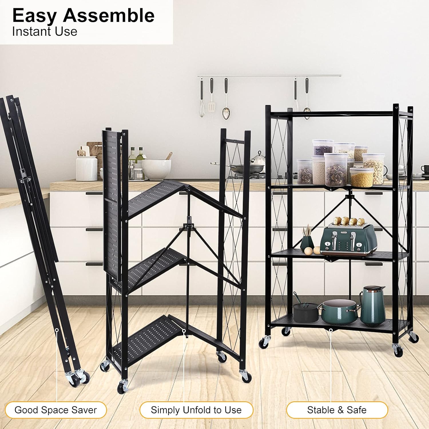 HealSmart Estantería de almacenamiento de metal plegable de 4 niveles con ruedas que se mueven fácilmente, estantes organizadores, ideales para