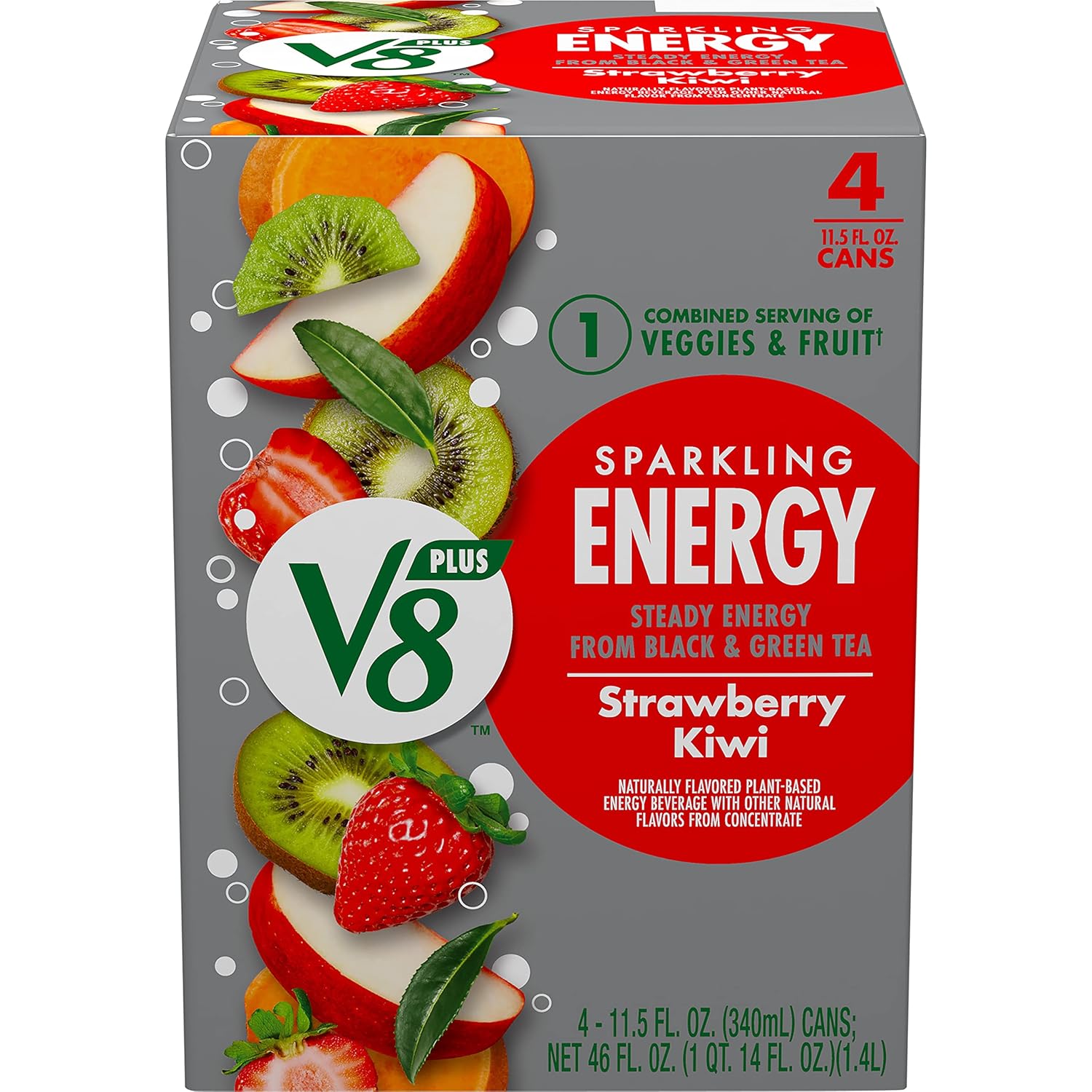 V8 SPARKLING +ENERGY – Bebida energética de fresa y kiwi, lata de 11.5 onzas líquidas (paquete de 4)