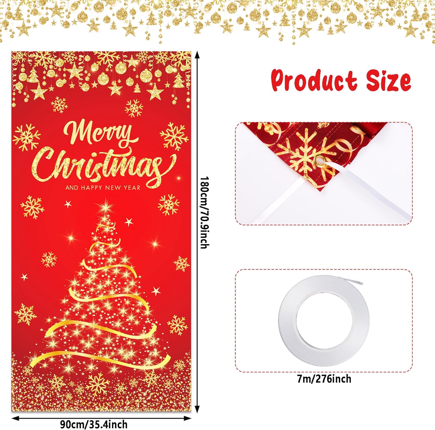 Cubierta de puerta de Navidad dorada para árbol de Navidad, pancarta con purpurina de copo de nieve, cubierta de puerta, fondo de fotografía para