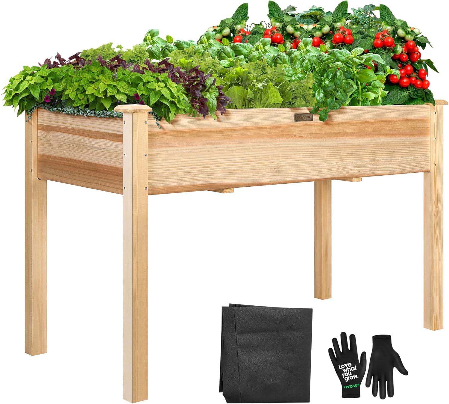 VIVOSUN Cama elevada de madera elevada para jardín, 48 x 24 x 30 pulgadas, maceta de madera para exteriores con forro de cama y guantes para jardín,