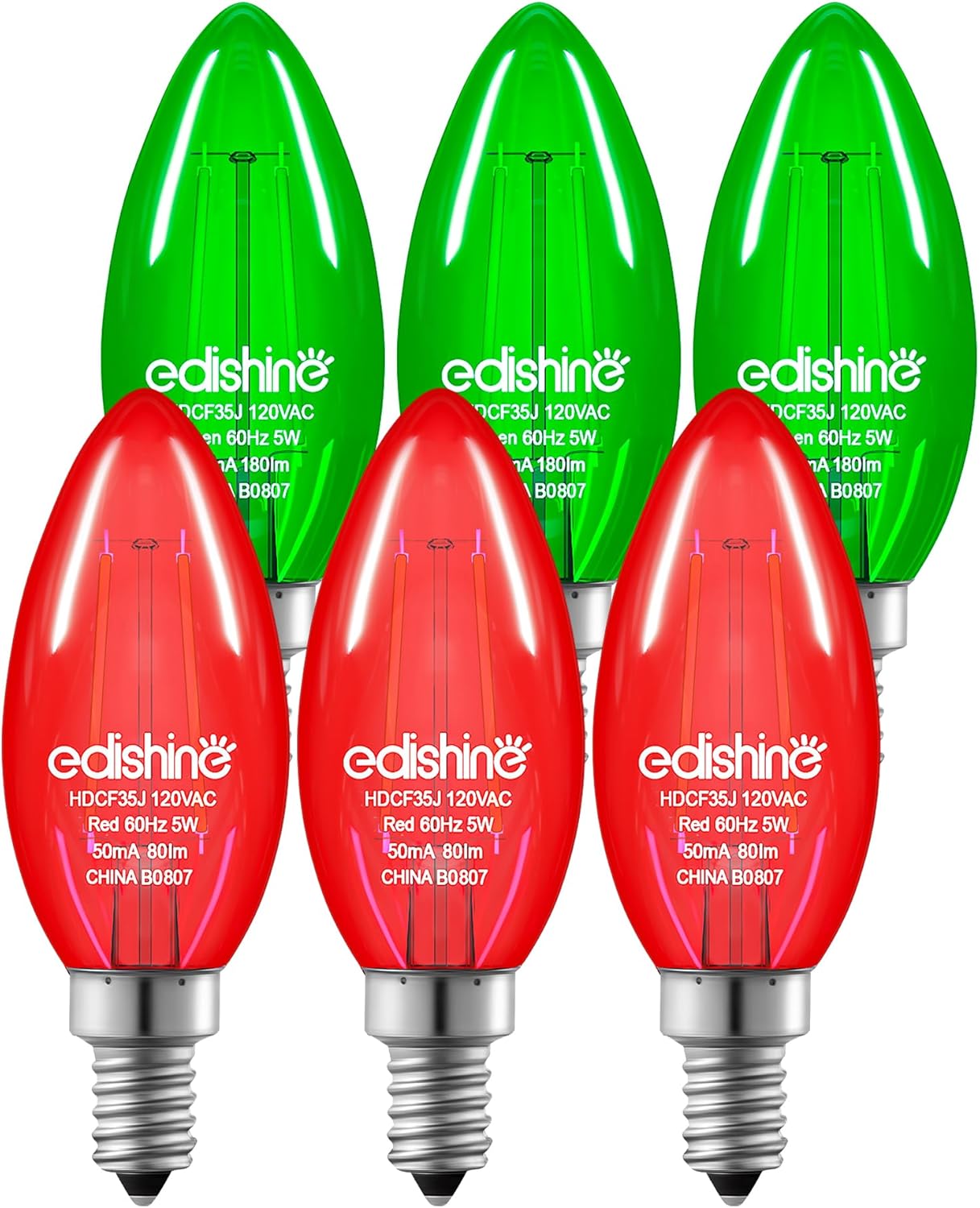 EDISHINE Bombilla de luz roja y verde regulable, equivalente a 5 W a 60 W, bombilla de filamento LED C35, enchufe E12, bombilla Edison de vidrio
