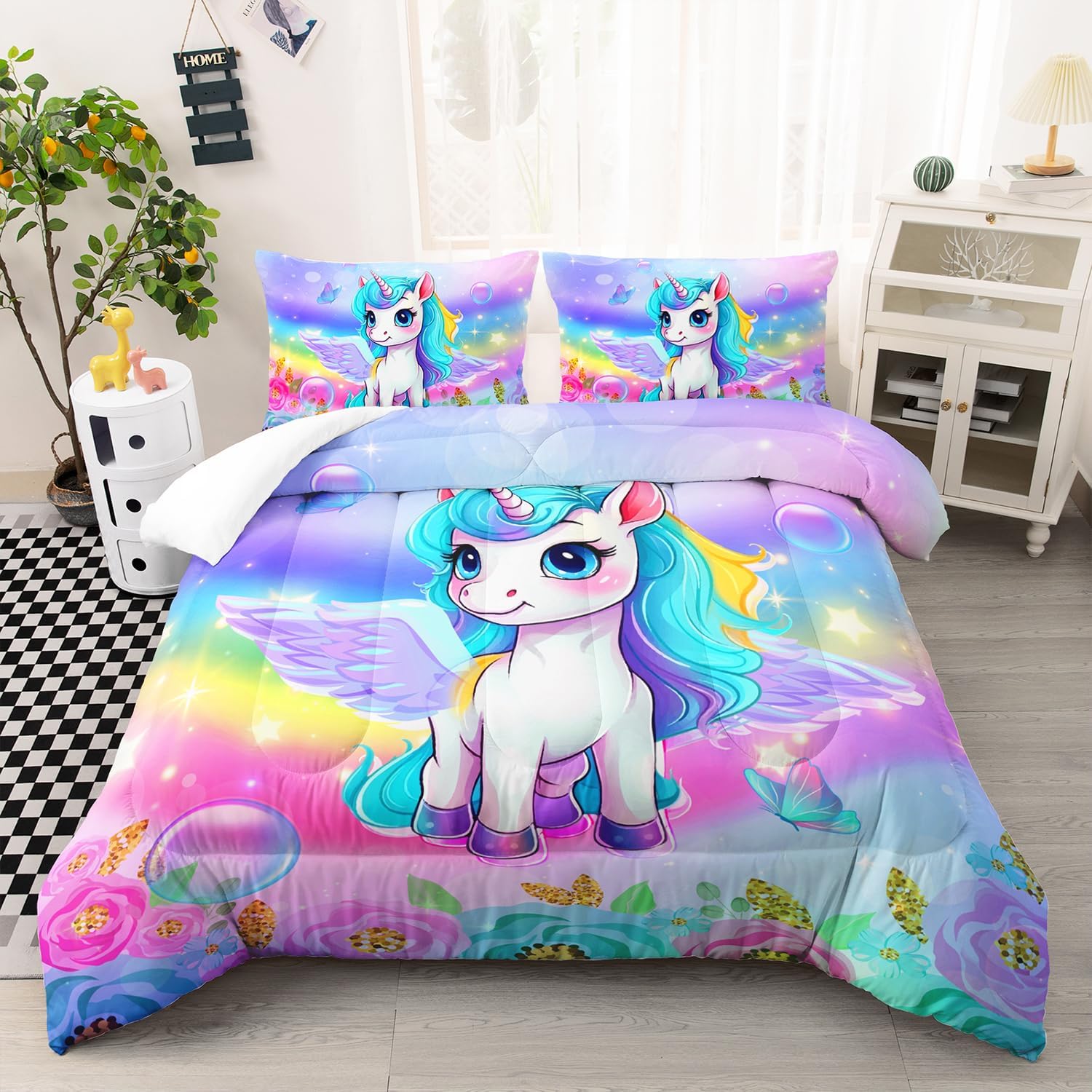 Juego de edredón de unicornio para niños, tamaño individual, matrimonialqueen, 3 piezas, diseño de mariposa, arco iris, flor, estrella, juego de