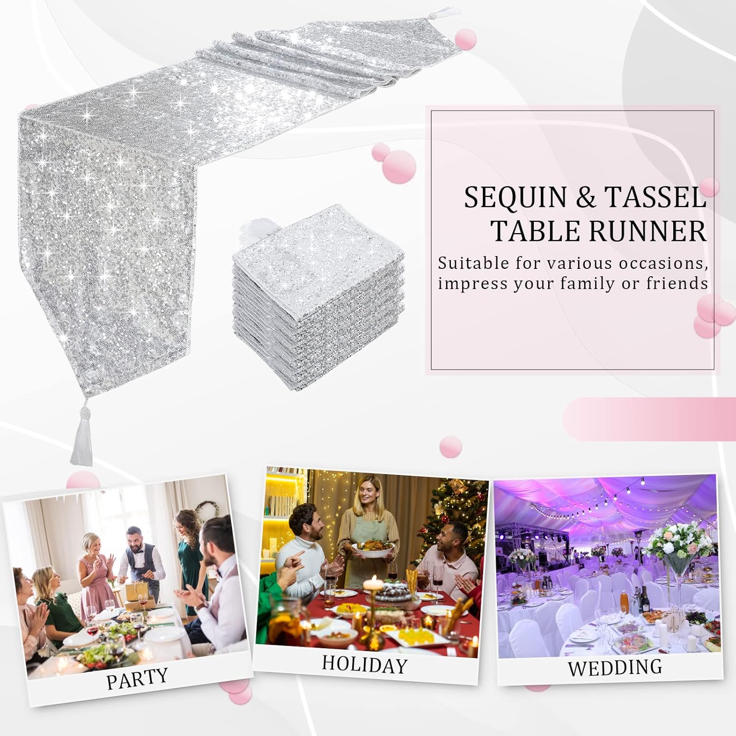 Tatuo Camino de mesa de lentejuelas con borlas para bodas, fiestas, mesa de 12 x 72 pulgadas, camino de mesa de lentejuelas con purpurina, elegante