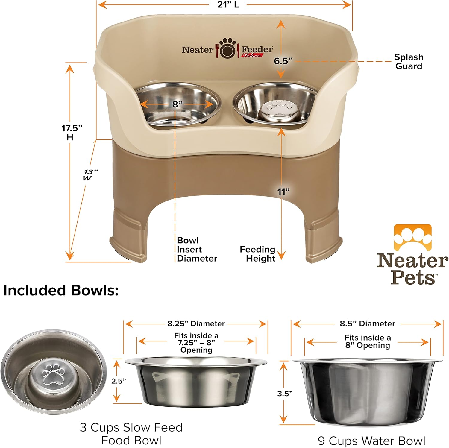 Neater Feeder Deluxe – Plato elevado con extensiones en las patas (combinación de tazón Slow Feed para la alimentación lenta, tamaño grande, color
