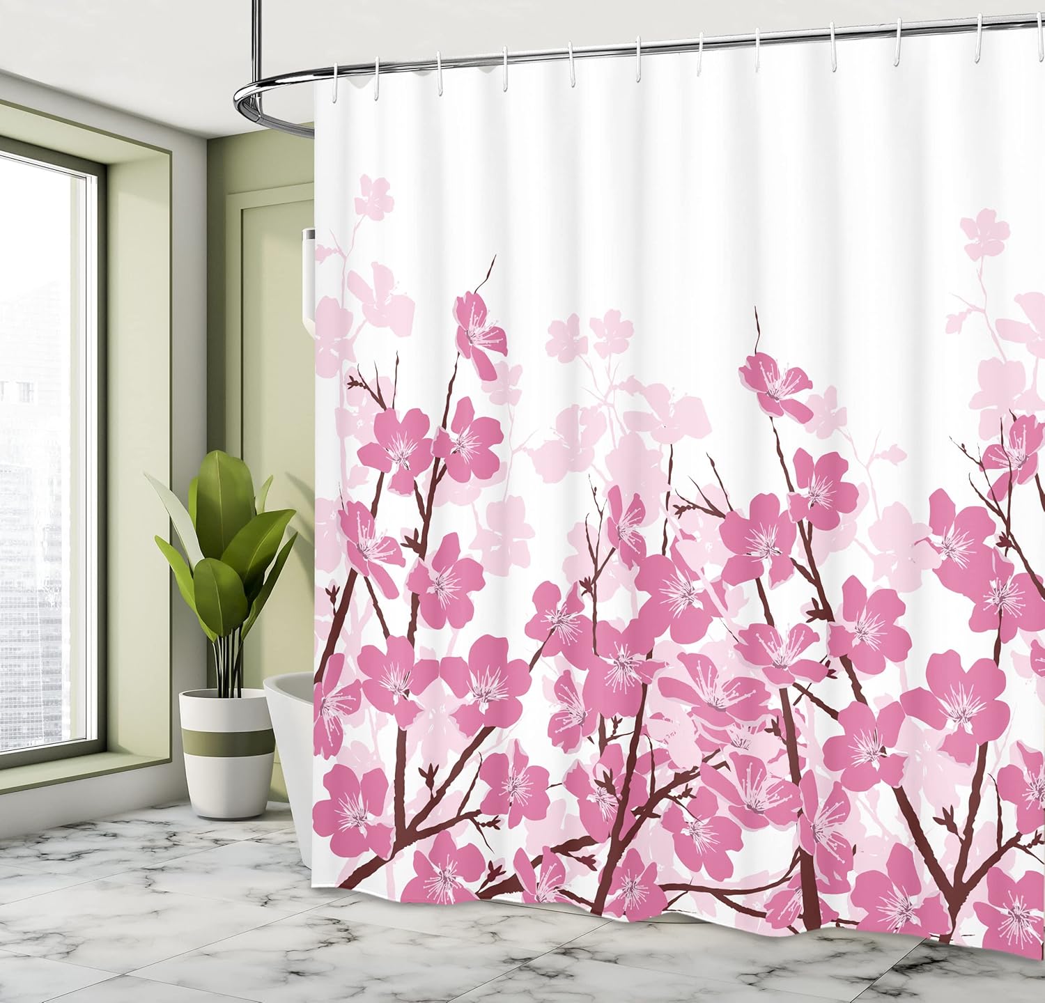 Ambesonne Cortina de ducha asiática, flor de cerezo japonés, Sakura con ramas, ilustración de jardín de flores de primavera, juego de decoración de